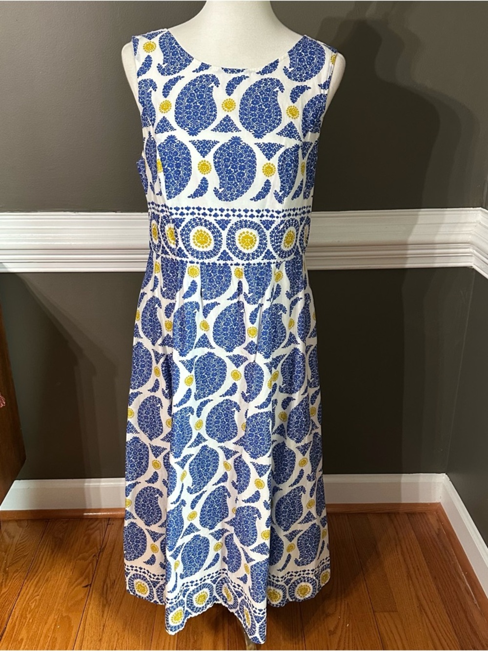Boden Blue, White and Yellow Sleeveless A line Midi Dress